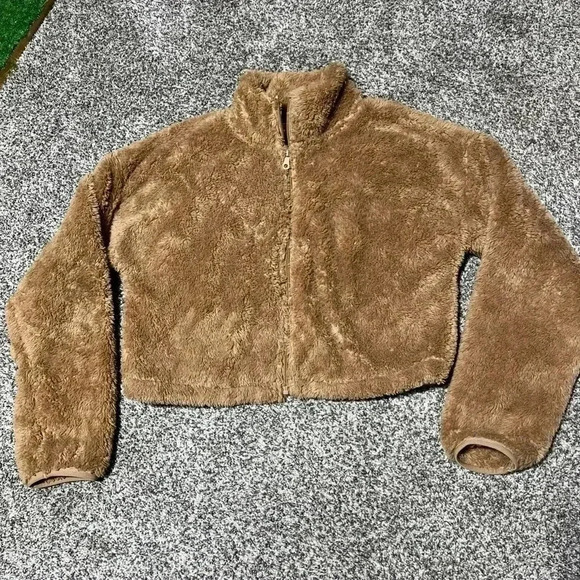 Offline By Aerie Fuzzy Soft Cropped Jacket Tan Brown Women's Size Small - Picture 1 of 11